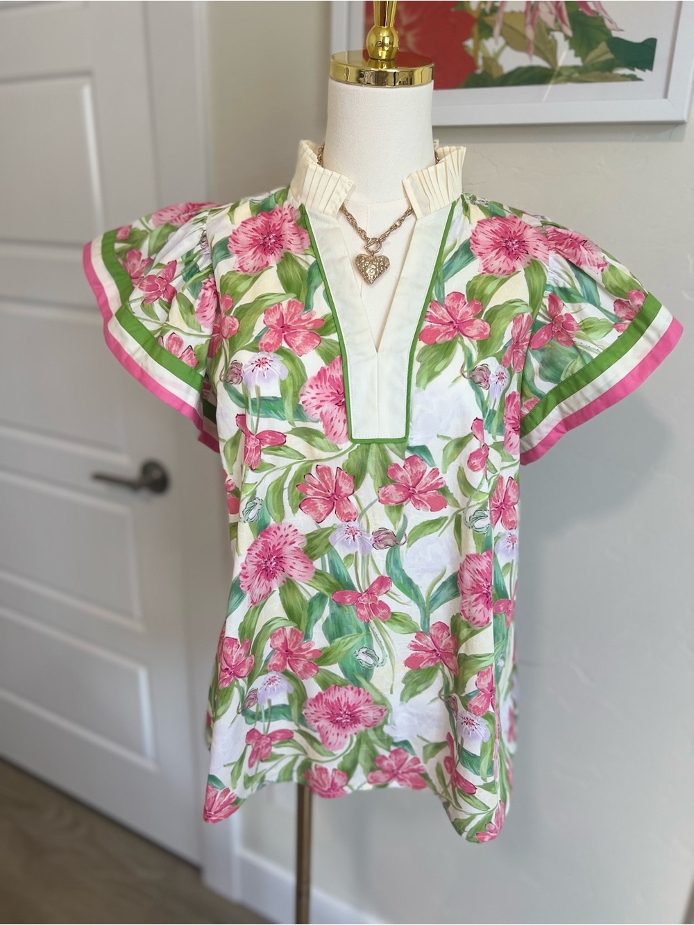 Entro Floral Pink & Green V-Neck Flutter Sleeve Tunic ~NWT~M